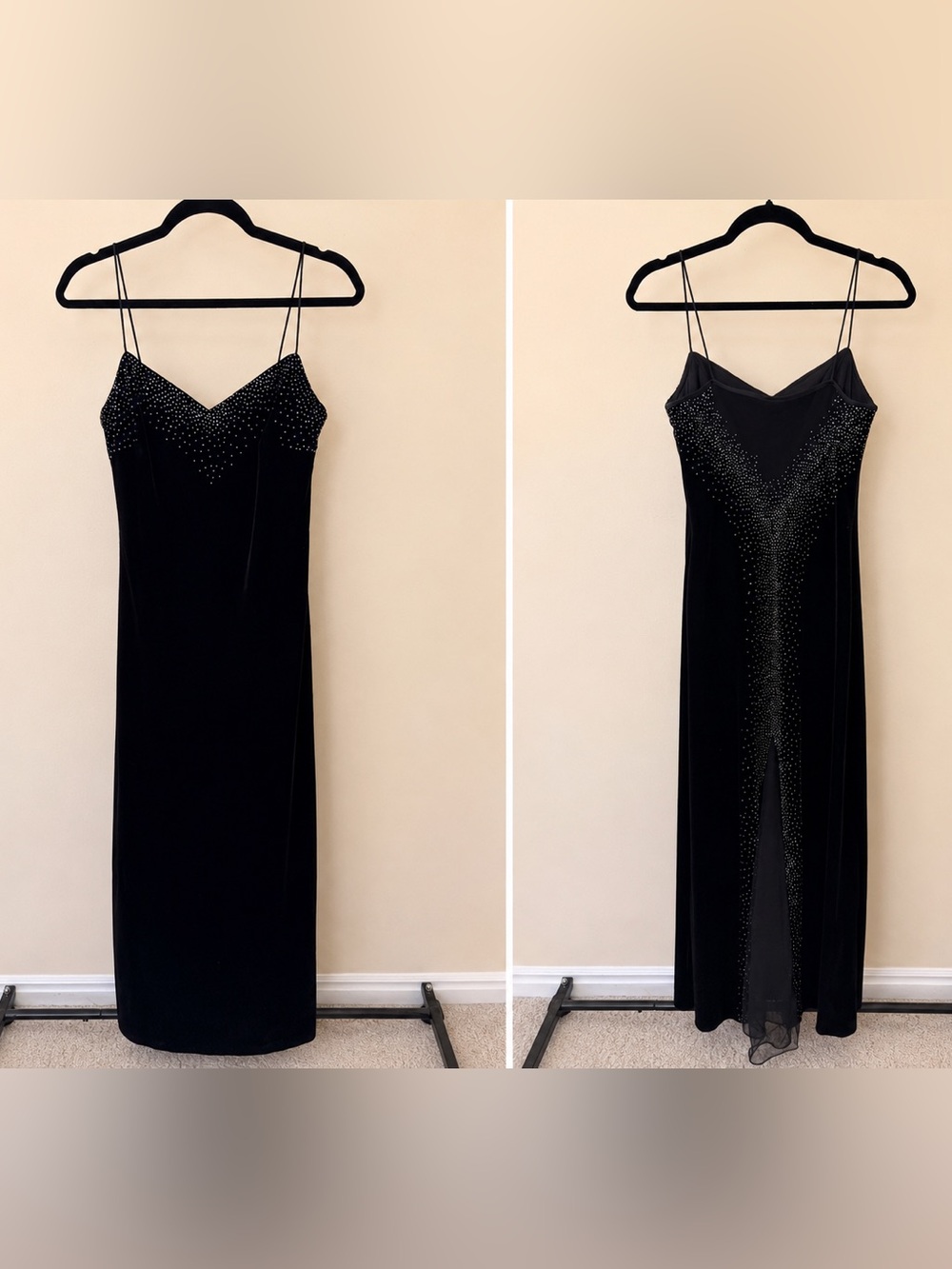 Vintage 🖤 Dave & Johnny Black Velvet Rhinestone Beaded Gown Dress 5/6 like NEW